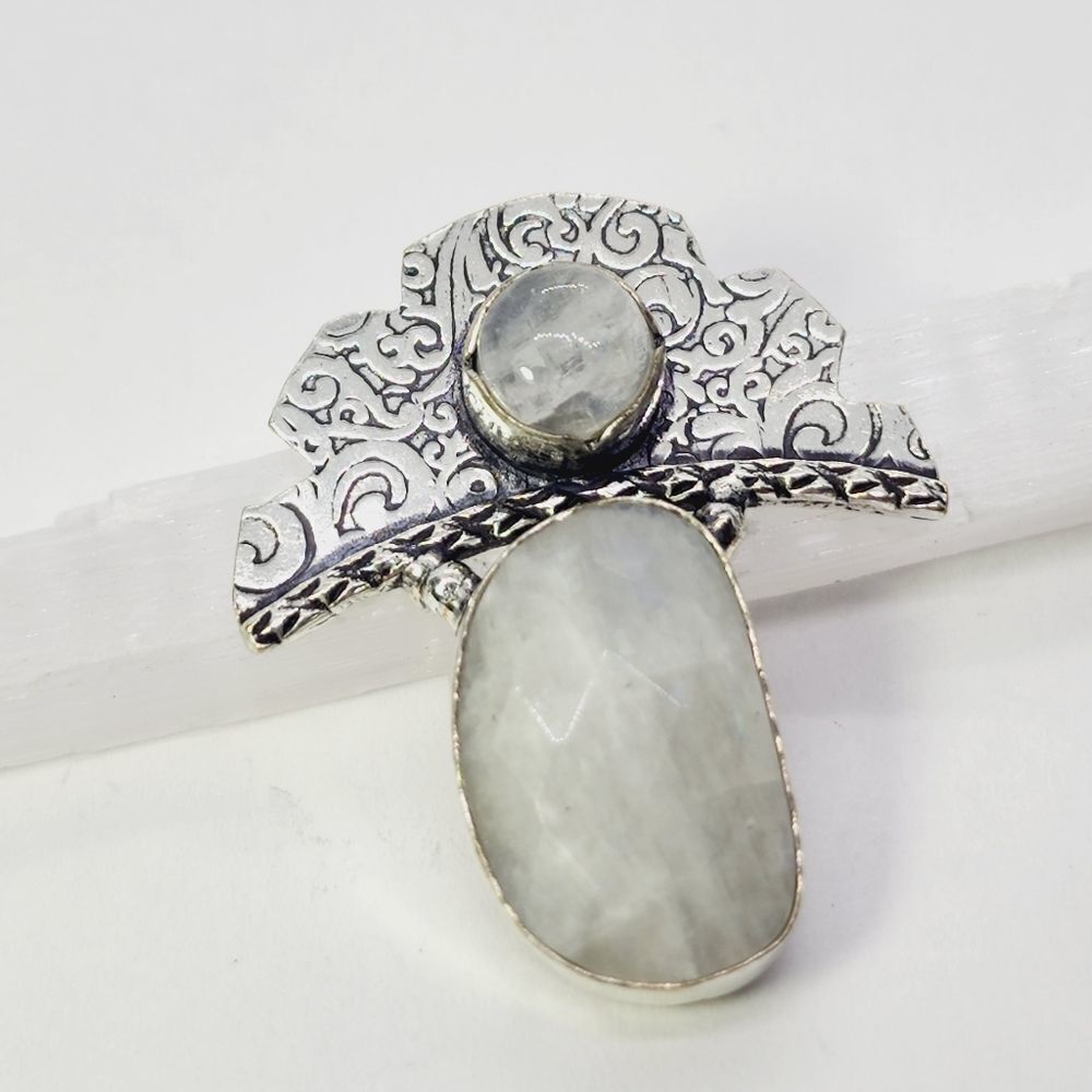 Rainbow Moonstone Crescent Moon Silver Plated Antique Style Pendant Size 1.6"
